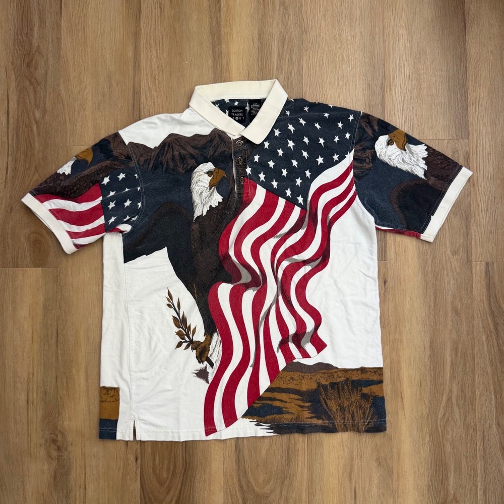 American Flag Eagle All Over print Polo Shirt patriotic USA large vintage preppy